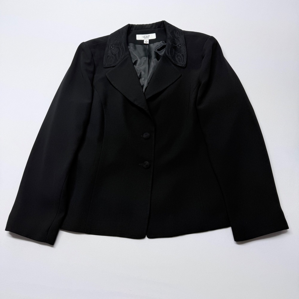 Le Suit Essentials Black Embroidered Collar Blazer Jacket Size 16 Professional